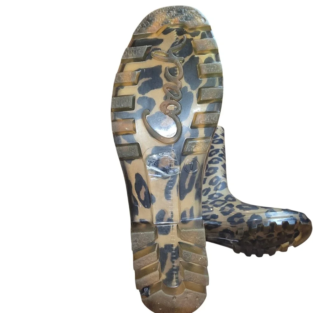 Coach Rain Boots Women 7 Leopard Print Brown Tristee‎ Tall Rubber Lug